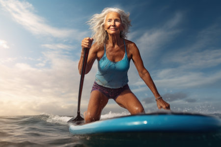 A happy elderly woman swims in the sea on paddle board. Recreational sports, active recreation at sea.の素材