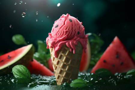 Watermelon ice cream in a waffle cone. A sweet refreshing summer dessert.の素材