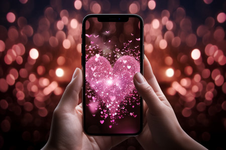 Hearts on the smartphone screen in the hands of a woman, a blurred background of the lights of the night city. Valentine's day.の素材