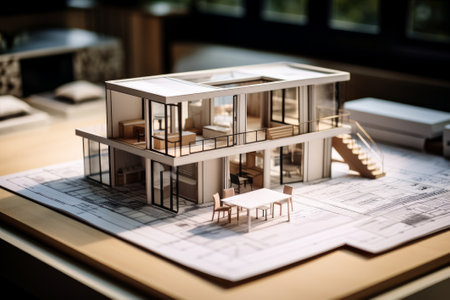 A model of a two-storey house in a modern style on the architect's desk.の素材