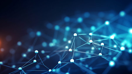 Abstract digital background with molecules and lines on a dark blue background. Technology Network Background, banner, copy space.の素材