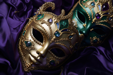 Happy Mardi Gras. Venetian or carnival masks in gold, purple and green colors, pattern for background or greeting card.の素材