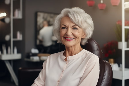 An elderly gray-haired woman in a hairdressing salon, looking at the camera, smiling.の素材