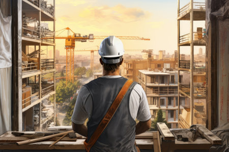 A civil engineer or an architect in a hard hat on a construction site checks the construction of a multi-storey building. View from the backの素材