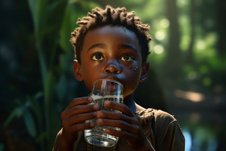 A poor African boy with a glass of clean drinking water. The problem of shortage of drinking water, drought, poverty.の素材