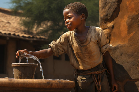 A poor African boy with a glass of clean drinking water. The problem of shortage of drinking water, drought, poverty.の素材