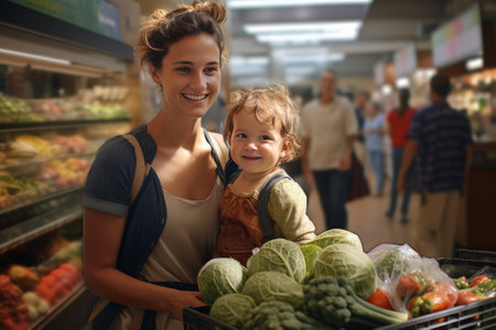 A happy young woman with a little daughter is buying fresh vegetables and fruits in the supermarket.の素材