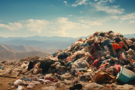 Huge piles of unnecessary clothes in the landfill. The problem of overproduction, irrational consumption and environmental pollution.の素材