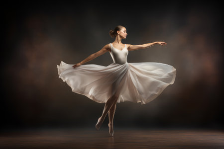 A young graceful ballerina dressed in a weightless skirt demonstrates her dancing skills. Dark background, smoke. Classical ballet dance.の素材
