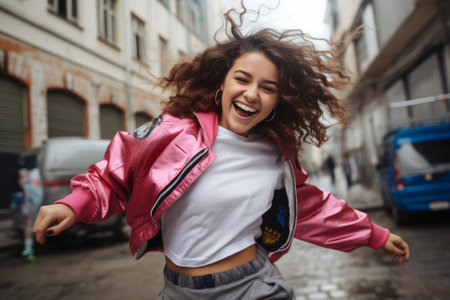 A happy girl with curly hair is dancing on the street. Street dancing,の素材