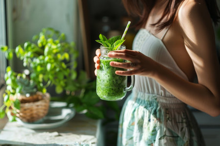 Young woman drinking green fresh vegetable juice or smoothie from glass at home. Healthy detox diet drinkの素材