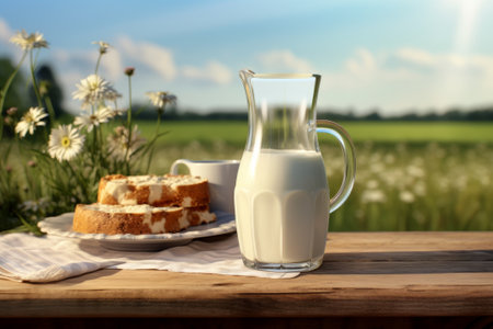 A jug of milk on a wooden table in a meadow.の素材