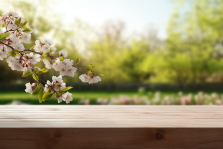 An empty wooden table top overlooking a blooming spring garden. Blurred background.の素材