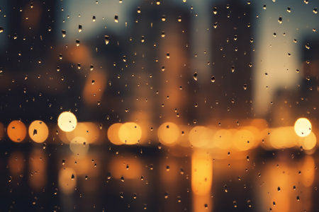 A wet rainy window, a blurred background of the lights of the night city.の素材