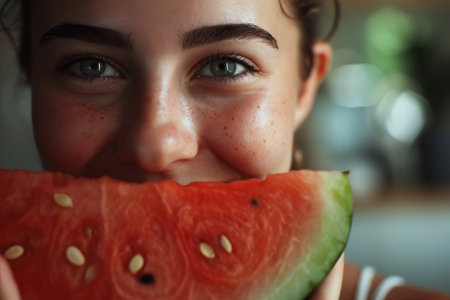 A cute girl with a slice of watermelon. Summertimeの素材