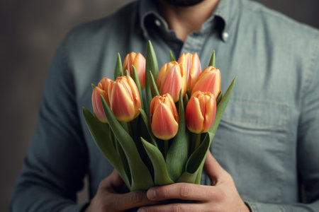 A man holds a bouquet of tulips in his hands. Mother's Day, Valentine's Day, Women's Day on March 8th.の素材