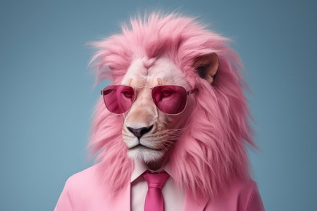 A fashionable lion with a pink mane in a suit and stylish glasses on an isolated background. High quality photoの素材