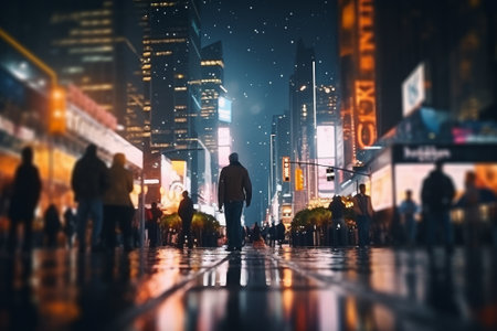 Blurred background of the night city, busy street, illuminated buildings and skyscrapers, people walking along the street. High quality photoの素材