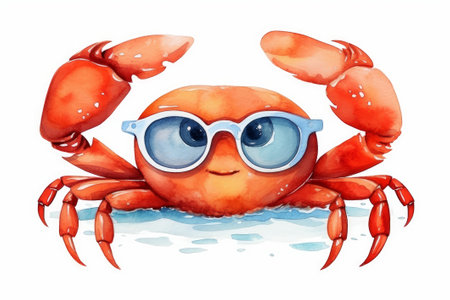 Red cartoon crab wearing sunglasses on a white isolated background, watercolor illustration.の素材