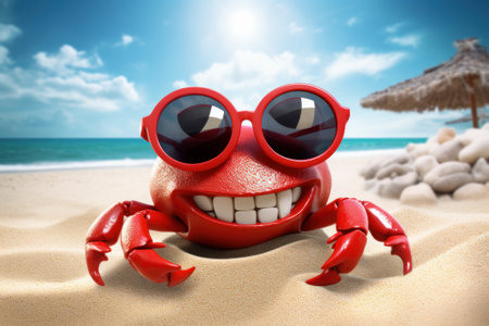 A red cartoon crab wearing sunglasses on a sandy beach.の素材