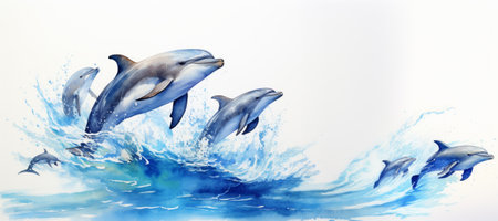 Watercolor illustration of dolphins jumping out of the sea, isolated on a blue background. World Whale Day Postcard. Banner.の素材