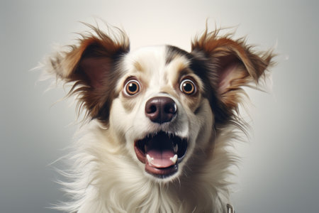 Studio portrait of a dog with a surprised face on a gray background.の素材