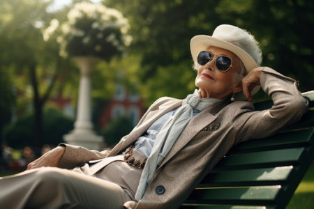 Portrait of a confident mature businesswoman in a business suit, relaxing in a city park.の素材