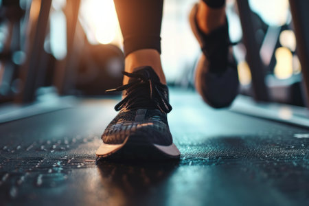 Close-up of a woman's legs in black sneakers on a treadmill in the gym.の素材