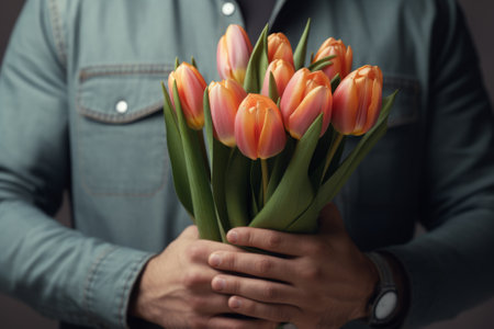 A man holds a bouquet of tulips in his hands. Mother's Day, Valentine's Day, Women's Day on March 8th.の素材