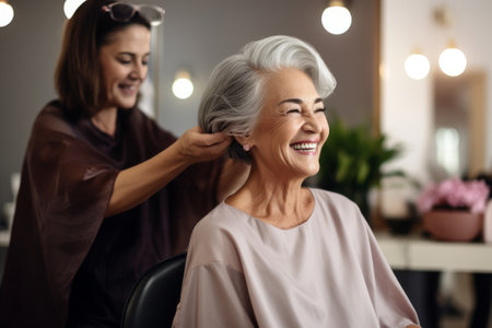 A hairdresser styles the hair of an elderly gray-haired woman.の素材