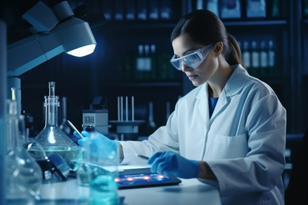 A female scientist conducts experiments and research in a modern laboratory.の素材