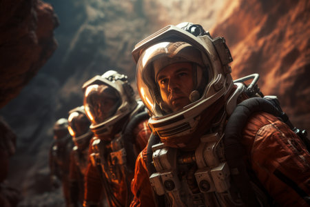 A group of astronauts in spacesuits walk on the surface of the Planet. Space explorers, Galaxies.の素材