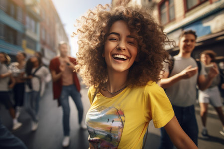 A happy girl with curly hair is dancing on the street with friends. Street dancing,の素材