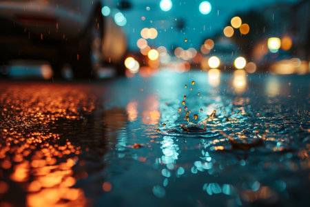 Rainy urban blurred background, night city lights, puddles from under the wheels of a car.の素材