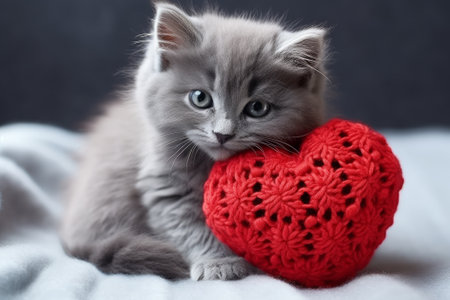 A gray fluffy kitten with a knitted heart. Valentine's Day greeting card with a pet.の素材
