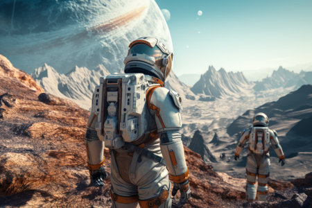A group of astronauts in spacesuits walk on the surface of the Planet. Space explorers, Galaxies.の素材