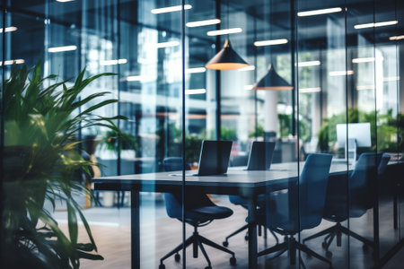 A modern empty space for coworking, an office with furniture, computers, and green plants. Blurred background.の素材