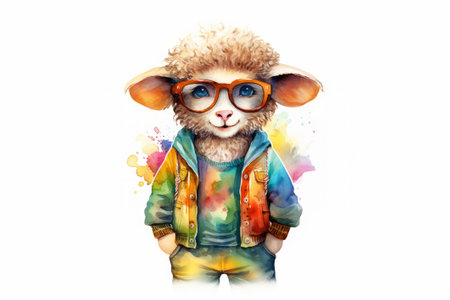 Hippie sheep with glasses, watercolor bright colorful illustration, white isolated background. The concept of humanization.の素材