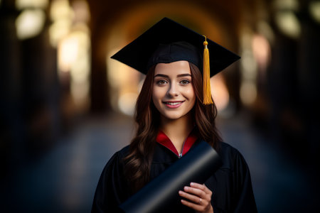 A happy student girl with a diploma roll at the graduation ceremony. The graduate is dressed in a festive black dress and a graduation hat.の素材