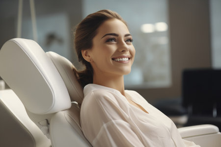 A young smiling woman sitting on a dentist's chair. Dental care, preventive examination, healthy teeth.の素材