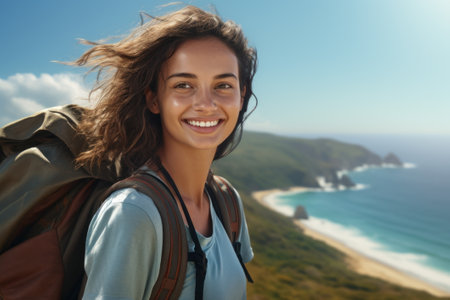 A young happy girl with a backpack travels in nature with a beautiful view of the seashore. Hiking, summer outdoor activities.の素材