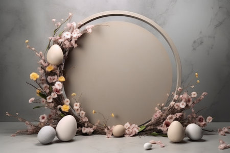Easter flower wreath, painted eggs, podium for product presentation. Copy spaceの素材