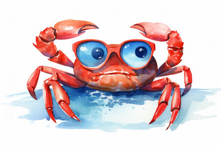 Red cartoon crab wearing sunglasses on a white isolated background, watercolor illustration.の素材