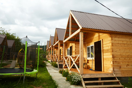 A row of wooden houses to accommodate tourists.