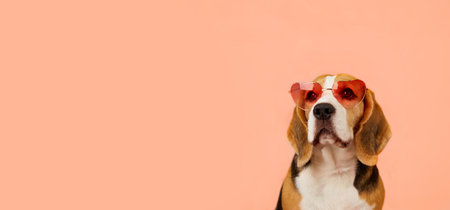 A beagle dog wearing sunglasses on a pink isolated background. The concept of summer holidays,...