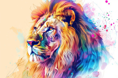 Colorful portrait of a lion, creative illustration in bright colors, pop art styleの素材