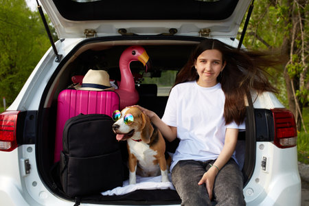 Girl and a beagle dog are sitting in the trunk of a car. Next to a suitcase and things for a summer vacation at sea. Traveling with a pet by car.の写真素材