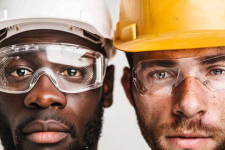 African American and European male construction workers in hard hats.の素材