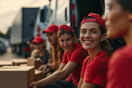 Volunteers work at a charity foundation, a refugee assistance center. A group of happy people unload cardboard boxes and donation boxes from the car for distribution to those in need.の素材