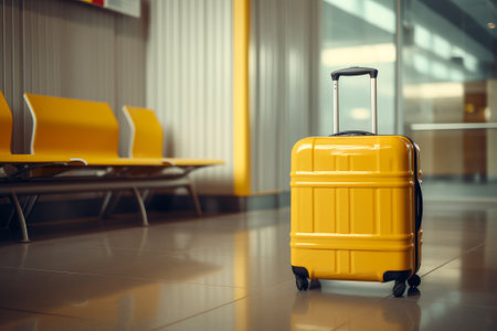 A yellow suitcase in the airport waiting room. The concept of travel, vacation.の素材